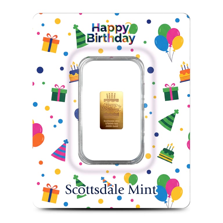 1/100 oz Scottsdale Mint Happy Birthday Cake Gold Bar (New)