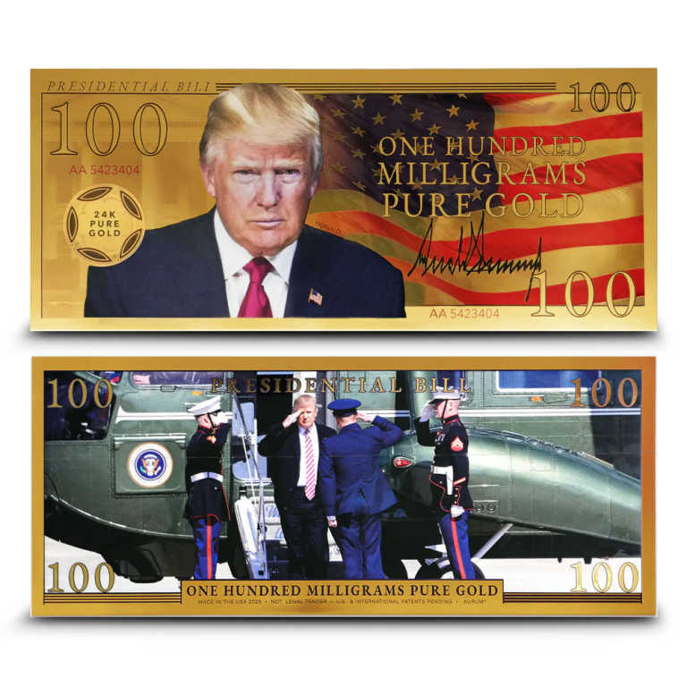 2025 100 Milligram Aurum Trump Presidential Bill Gold Note (New, Marine One Reverse)